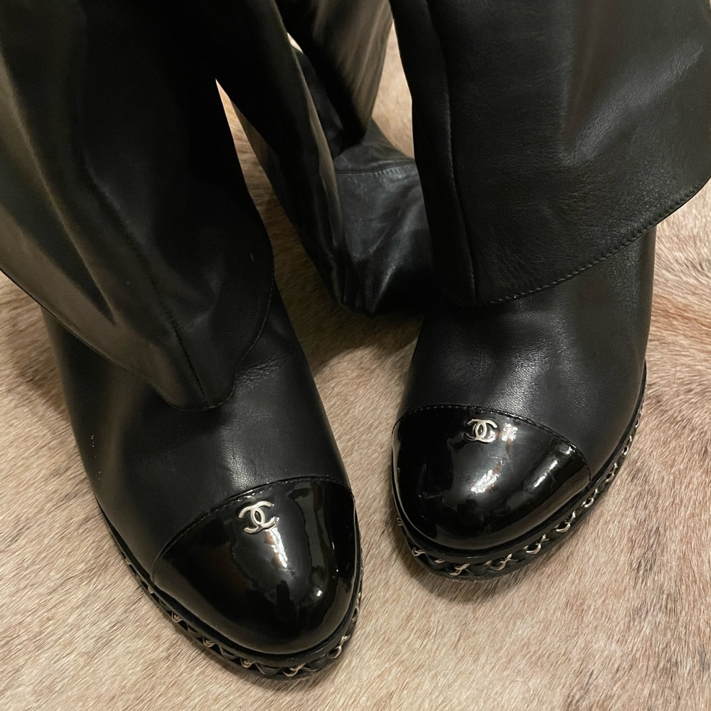 Chanel Foldover Knee High Cap Toe Chain Wedge Heel Boots